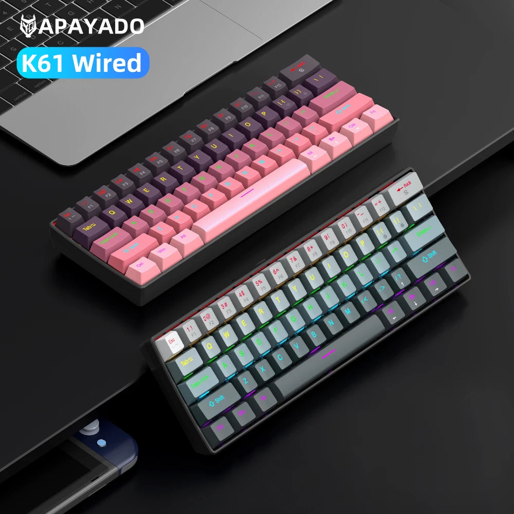 Tastiera meccanica mini APAYADO K61, cablata, 61 tasti, RGB Phantom, nera/bianca, switch meccanici rossi/blu per gaming, portatile 60%