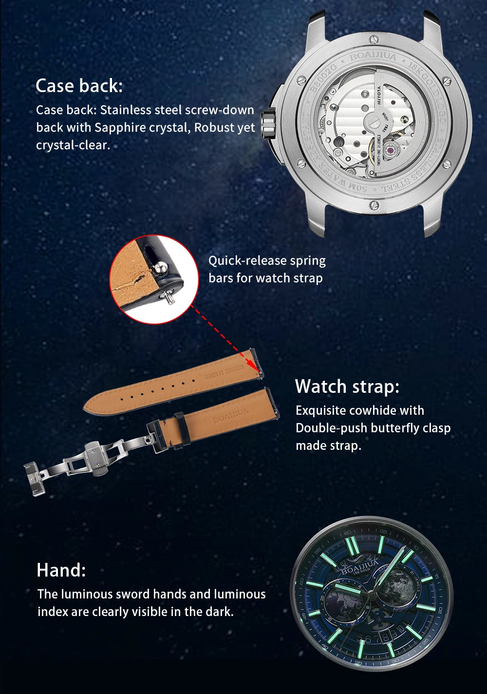 BORIAGE(BOAIJIUA) Orologio meccanico da uomo completamente automatico, design originale, impermeabile e luminoso