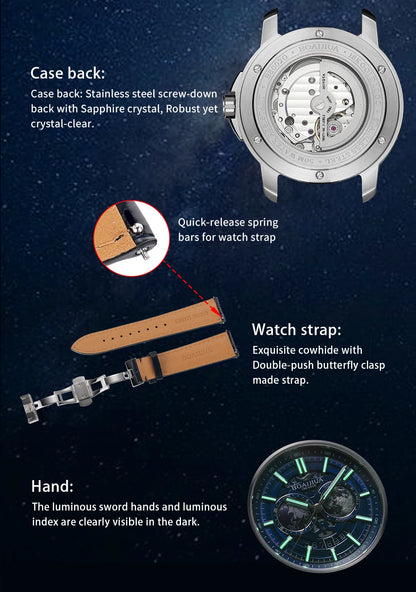 BORIAGE(BOAIJIUA) Orologio meccanico da uomo completamente automatico, design originale, impermeabile e luminoso