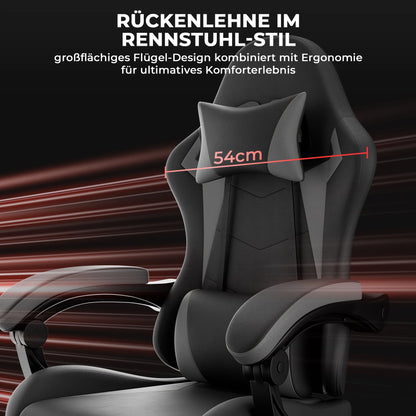 Ergonomic Gaming Chair with Lumbar Support & Head Pillow, Adjustable Reclining Computer Gaming Chair, Black Grey Office Chair