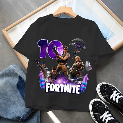Camiseta infantil de cumpleaños Fortnite con número para niñas y niños, ropa de verano, camiseta de algodón para bebé, tops de manga corta para fiesta, regalo para niños pequeños