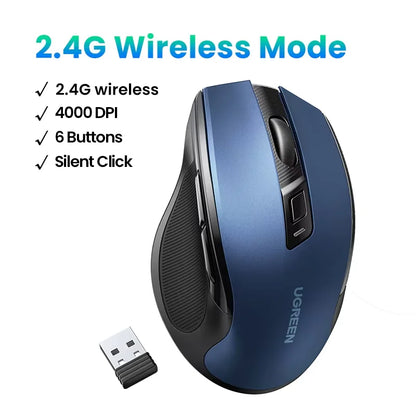 UGREEN bežični miš Bluetooth 5.0, ergonomski miš 4000DPI, 6 tihih tipki, miš za MacBook, tablet, prijenosna računala, računalo PC, 2.4G miševi