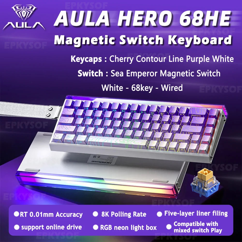 Tastiera AULA HERO 68HE con switch magnetici RGB, tastiera meccanica gaming Rapid Trigger, polling rate 8K, cablata, eSport personalizzata