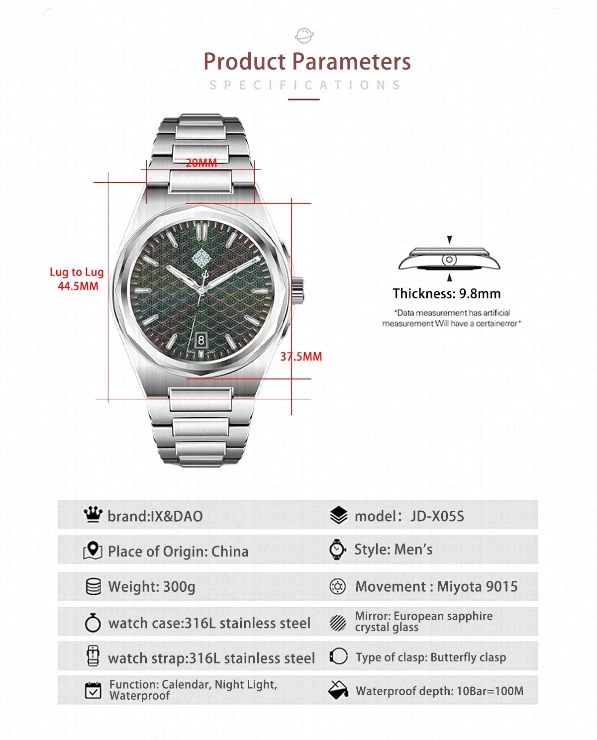 IX&DAO 2025 New 37mm Warrior Men's Automatic Mechanical Watch Miyota 9015 Movement Sapphire Stainless Steel Waterproof 10Bar BGW