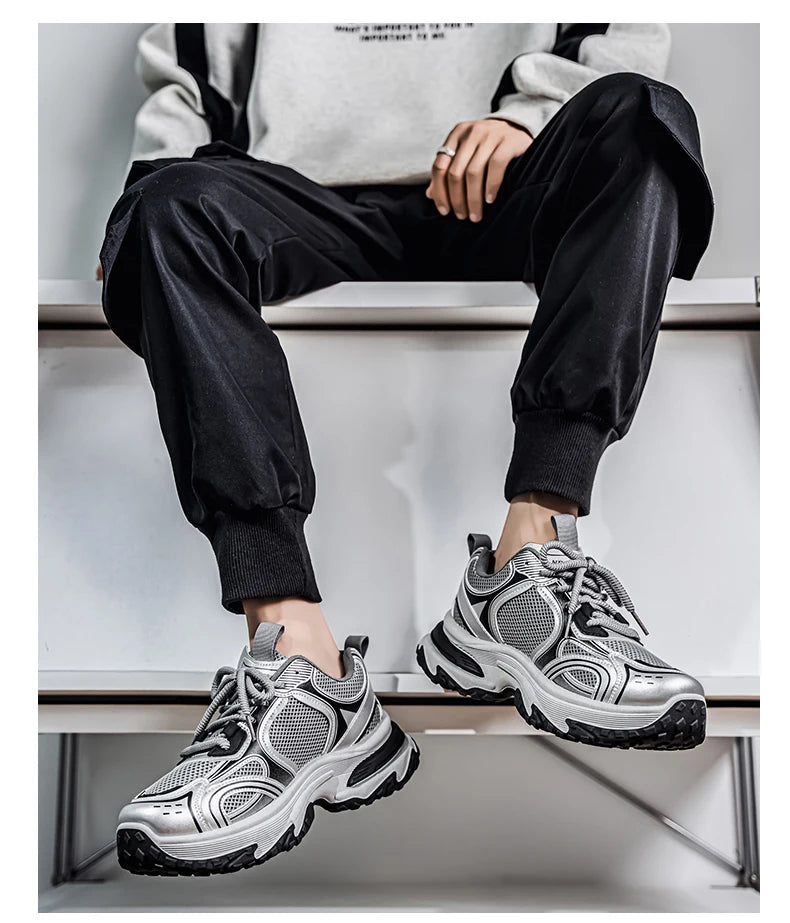 Unisex Trendy Chunky Dad Sneakers Silver Black Retro Couple Breathable Mesh Casual Platform Shoes