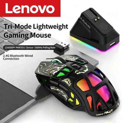 Lenovo Tri-Mode -kevyt pelihiiri RGB-lataustelakalla, 12000DPI, 2.4G/Bluetooth/langallinen ergonominen hiiri PC:lle ja kannettavalle tietokoneelle
