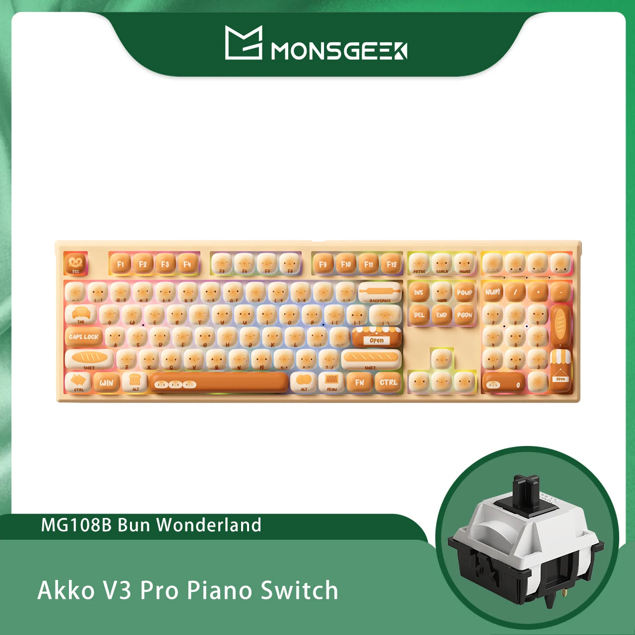 Teclado mecánico inalámbrico Akko MonsGeek MG108B Bun Wonderland, perfil MOG, RGB, 108 teclas, tamaño completo, hot swap, USB / 2.4G / BT 5.0