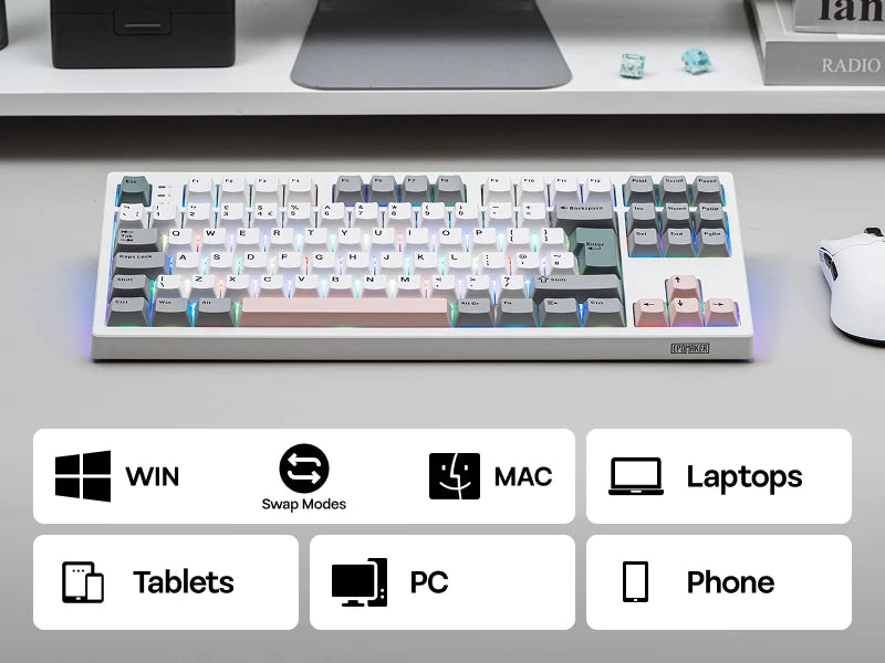 Teclado mecânico EPOMAKER TH87 TKL com layout ISO-UK, ligação com fio/BT/2.4Ghz sem fios, NKRO, bateria de 10000mAh e iluminação RGB