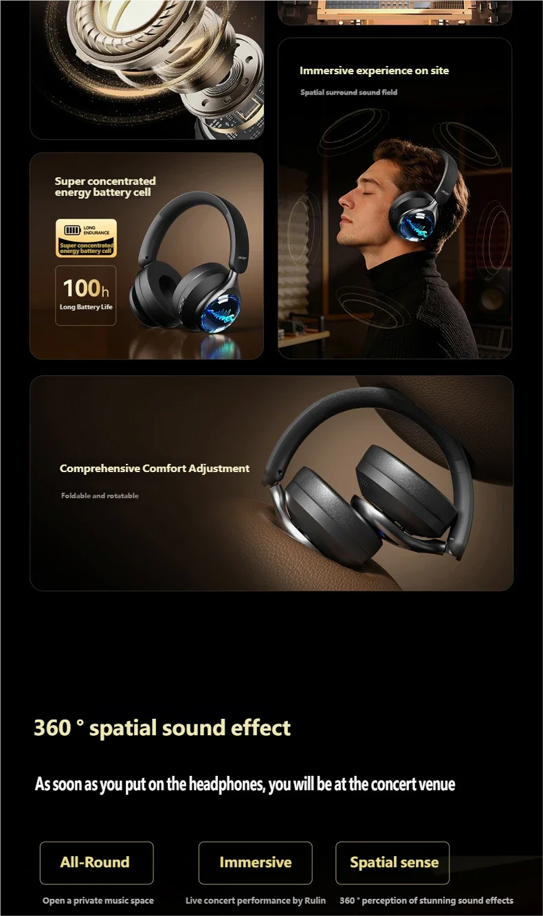 Acer OHR712 Wireless Bluetooth 6.0 Headphones Foldable Over-Ear Headsets with 360° Spatial Sound Effect for Travel Home Office