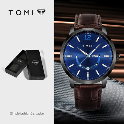 Relógio de quartzo TOMI, estilo empresarial e elegante, com bracelete em pele, caixa em liga metálica e mostrador com ponteiros – Design de alta qualidade, ideia de presente para homem