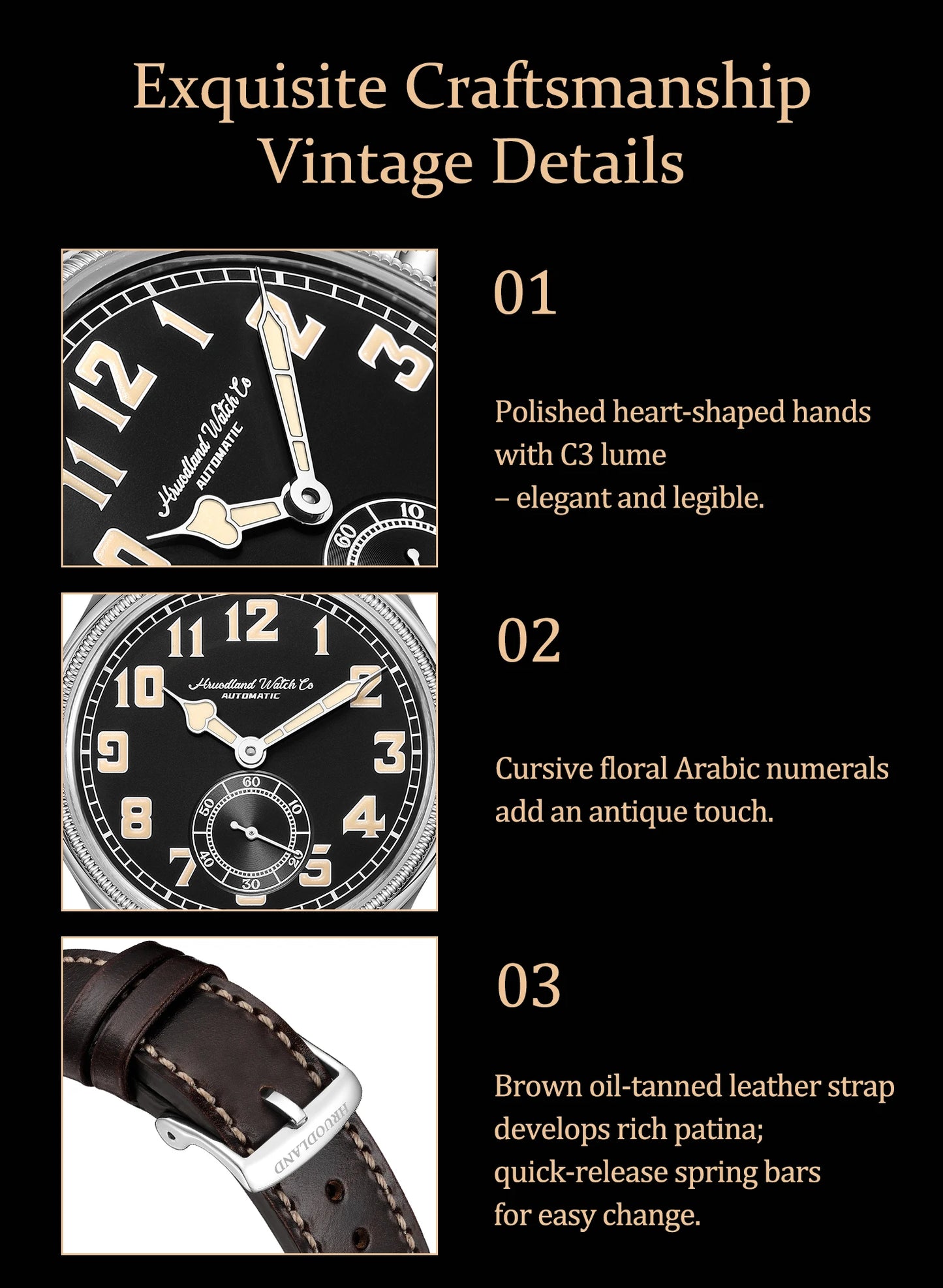 HRUODLAND Retro Flieger Automatic Watches for Men 38mm Seagull ST1701 Mechanical Wristwatch C3 Green Luminous K1 Mineral Bubble Crystal Oil Leather Strap Business Pilot Watch