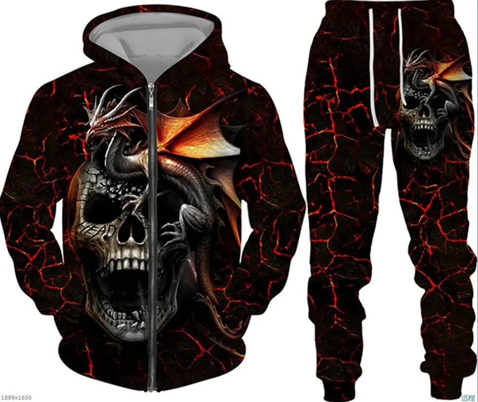 New 3D printed long sleeved hooded sweatshirt set for spring and autumn men's sportswear zipper sweatshirt