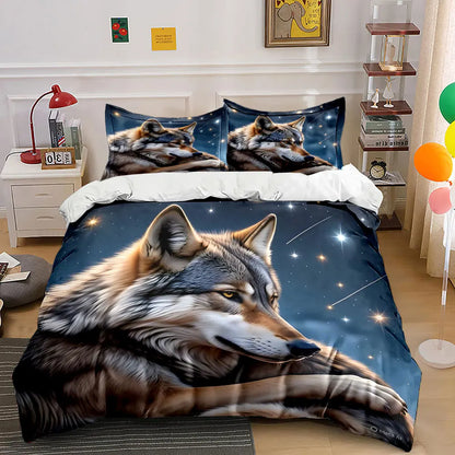 Set di biancheria da letto stampato con lupo su sfondo stellato, 1 copripiumino e 2 federe, per adulti e bambini, regalo di lusso, Full Size