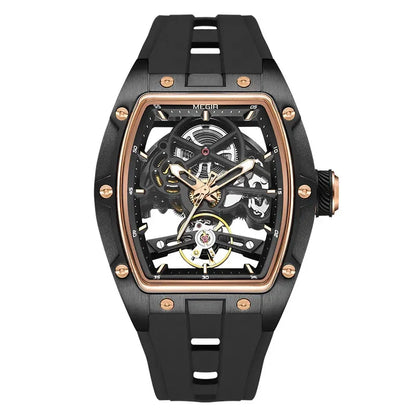 Orologio da polso automatico MEGIR da uomo, fashion, cinturino in silicone nero, impermeabile, luminoso, sportivo, meccanico, con quadrante tonneau 2242