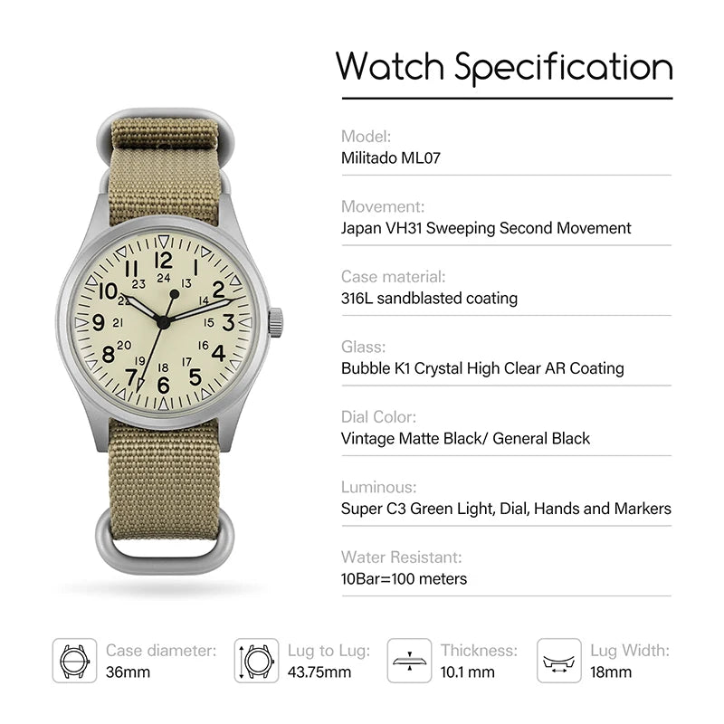 Militado ML07 Quartz Watch VH31 Sweep Movement Domed Sapphire Crystal Luminous 10Bar Waterproof 36mm Vintage Mens Watches