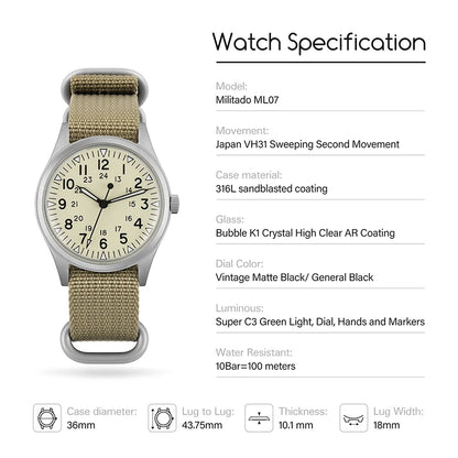 Militado ML07 Quartz Watch VH31 Sweep Movement Domed Sapphire Crystal Luminous 10Bar Waterproof 36mm Vintage Mens Watches