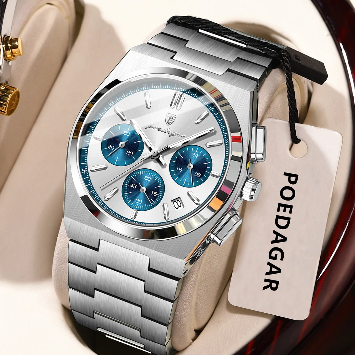 Reloj para hombre POEDAGAR: cronógrafo de lujo de acero inoxidable, con fecha, resistente al agua y luminiscente; reloj de pulsera deportivo de cuarzo