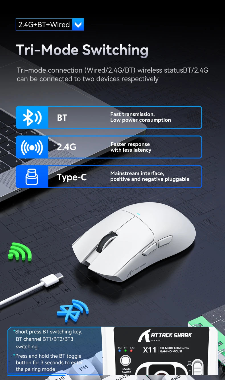 Ratón inalámbrico Attack Shark X11&R1 Tri Mode Bluetooth con base de carga RGB, ergonómico y ligero, accesorio para PC gamer
