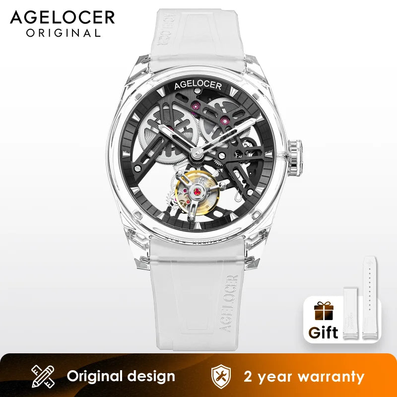 Reloj AGELOCER de edición limitada «Ice Never Melts» con tourbillon de cristal de oscilación libre, reloj mecánico manual de lujo