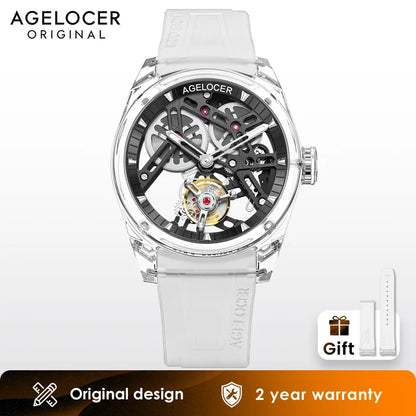 Reloj AGELOCER de edición limitada «Ice Never Melts» con tourbillon de cristal de oscilación libre, reloj mecánico manual de lujo
