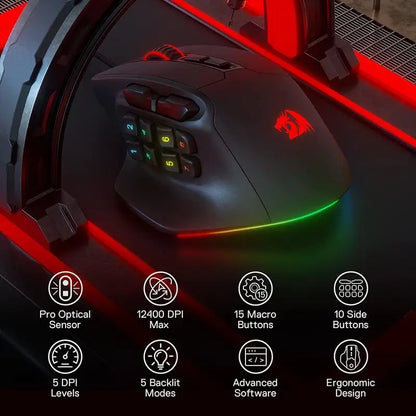 Redragon M811 Aatrox MMO-gamingmuis, bedrade RGB-gamingmuis met 15 programmeerbare knoppen, ergonomische optische gamingmuis met 12.400 DPI