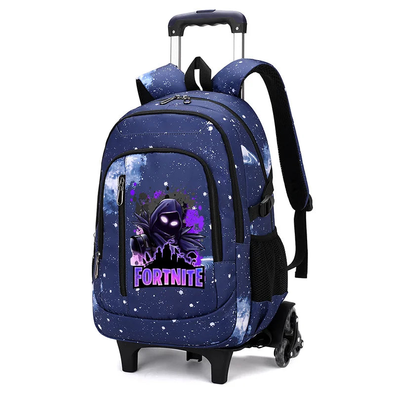Mochila trolley 2 en 1 Fortnite con estampado de cielo estrellado, gran capacidad, impermeable, compartimento para portátil, diseño para subir escaleras, mochila escolar para estudiantes