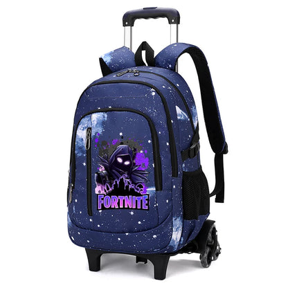 Mochila trolley 2 en 1 Fortnite con estampado de cielo estrellado, gran capacidad, impermeable, compartimento para portátil, diseño para subir escaleras, mochila escolar para estudiantes