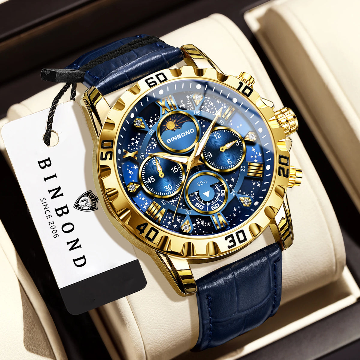 Relógio de pulso de quartzo BINBOND, autêntico e preciso, para homem, cronógrafo luxuoso, resistente à água e com luz, com bracelete em pele.