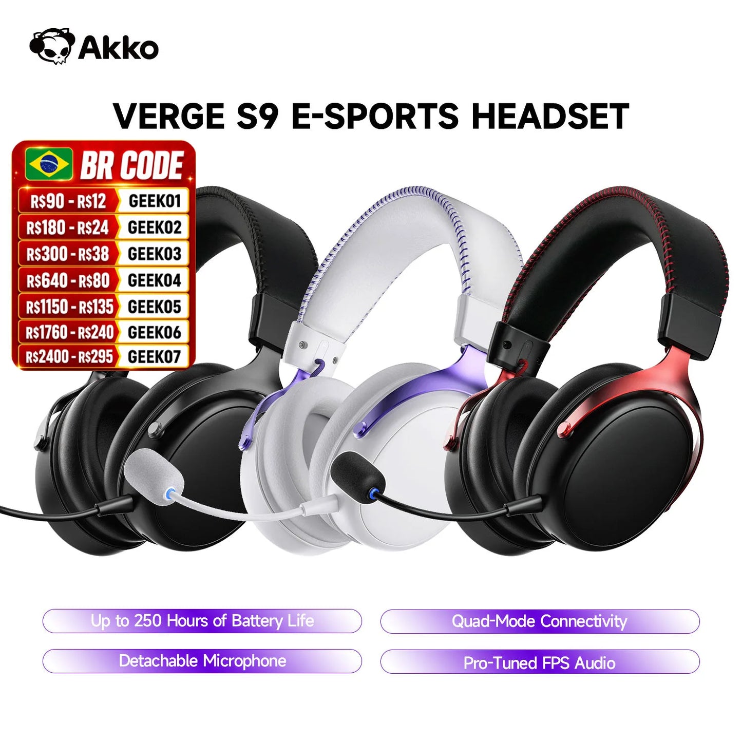 Auriculares gaming AKKO Verge S9 con micrófono – Driver de 53mm, Bluetooth 5.3 inalámbrico de cuatro modos, sonido envolvente 7.1, auriculares gaming profesionales para FPS