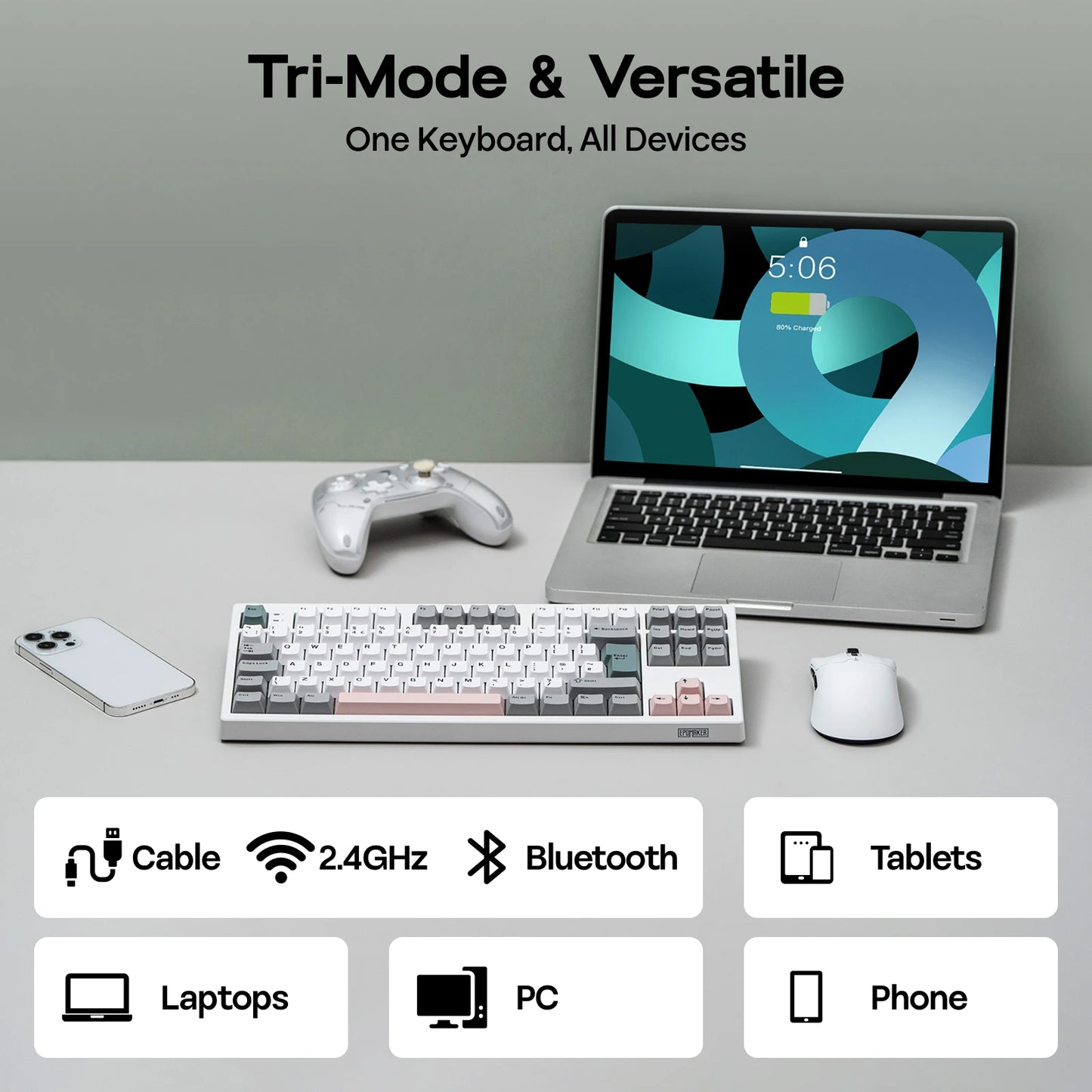 Teclado mecânico EPOMAKER TH87 TKL com layout ISO-UK, ligação com fio/BT/2.4Ghz sem fios, NKRO, bateria de 10000mAh e iluminação RGB