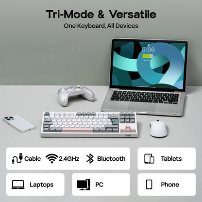 Teclado mecânico EPOMAKER TH87 TKL com layout ISO-UK, ligação com fio/BT/2.4Ghz sem fios, NKRO, bateria de 10000mAh e iluminação RGB