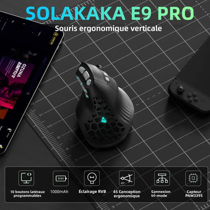 SOLAKAKA E9 Pro MMO Vertical Mouse PAW3395 Sensor 1000mAh Battery 45° Vertical Grip Ergonomic Mouse 8k Gaming Mouse