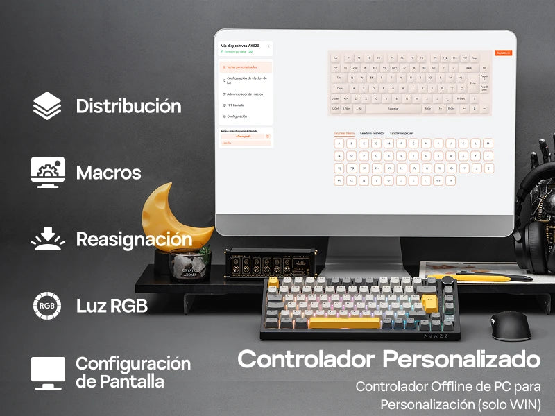 Distribución ISO-ES EPOMAKER X AJAZZ AK820 PRO 75% teclado mecánico con distribución española, cable/2.4GHz/BT, pantalla y perilla para Pc/Mac