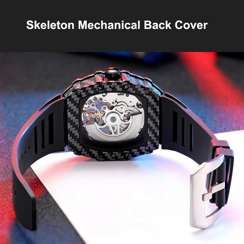 Mechaniczny zegarek Tourbillion dla mężczyzn, silikonowy pasek, szkieletowa koperta tonneau, automatyczne zegarki męskie, luksusowa topowa marka, reloj hombre
