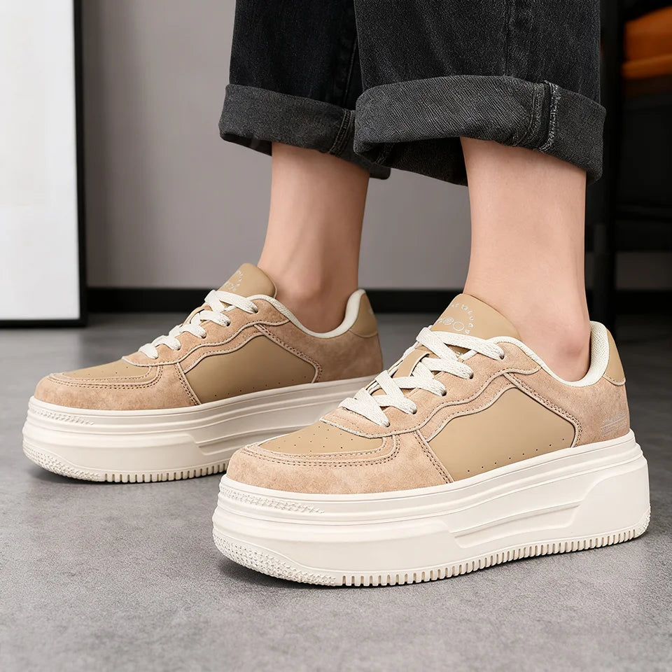 Baasploa Women Platform Sneakers Fashion Leather Casual Thick Soled Shoes for Women Comfort White Skateboarding Shoes Non-Slip