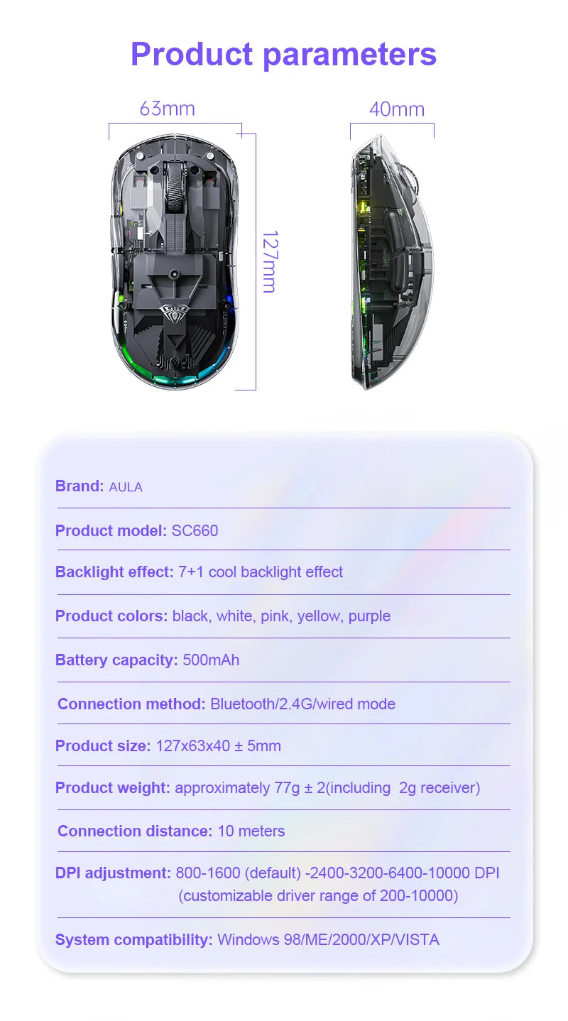 Mouse Bluetooth Wireless AULA SC660, mouse e-sport con connessione trimodale, leggero, ricarica Type-C, per gaming, ufficio, ragazze e ragazzi