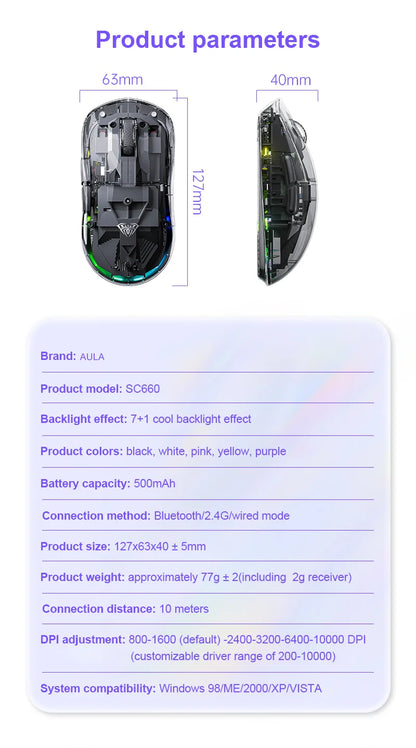 Mouse Bluetooth Wireless AULA SC660, mouse e-sport con connessione trimodale, leggero, ricarica Type-C, per gaming, ufficio, ragazze e ragazzi