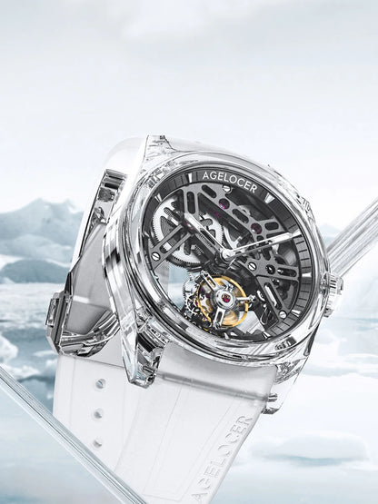 Reloj AGELOCER de edición limitada «Ice Never Melts» con tourbillon de cristal de oscilación libre, reloj mecánico manual de lujo