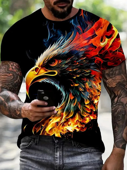 Nova muška majica s cool uzorkom orla, 3D print plamenog orla, ljetni streetwear, trendi kratki rukav, muški T-shirt topovi