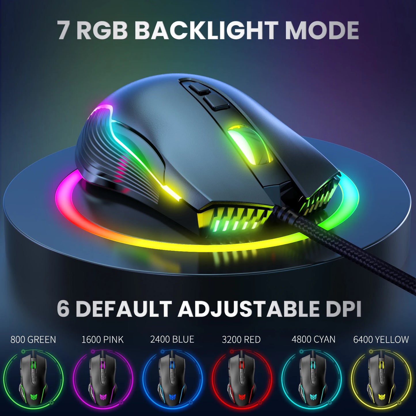 Ratón gaming con cable ONIKUMA, 6 niveles ajustables, 6400 DPI, 7 botones programables, 7 modos de iluminación RGB, diseño ergonómico para gamers de PC