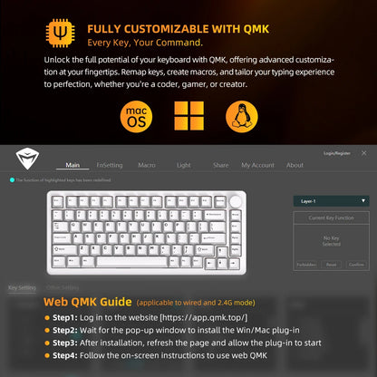 Teclado mecánico Machenike K600-B82W Tri-Modos con montaje gasket, diseño ANSI 75%, retroiluminación RGB y conexión inalámbrica para gaming