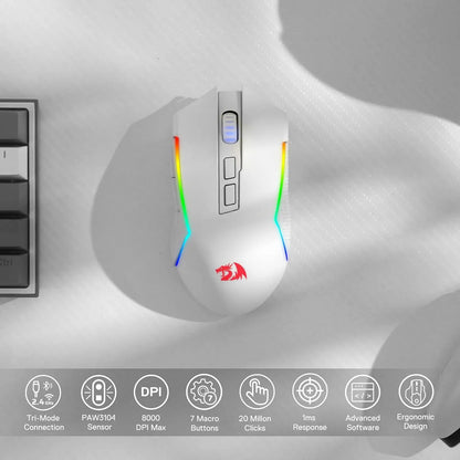 Mouse gaming Redragon M693 wireless/wired BT e Bluetooth 2.4G 8000 DPI, connessione a 3 modalità, retroilluminazione RGB per PC/Mac/laptop
