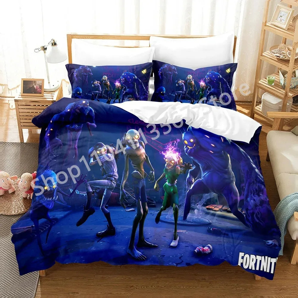 F-Fortnite 3PCS Bedding Set Battle Royale Kids Duvet Cover Quilt Pillowcase Double Size Victory Game Bedroom Linen Decoration