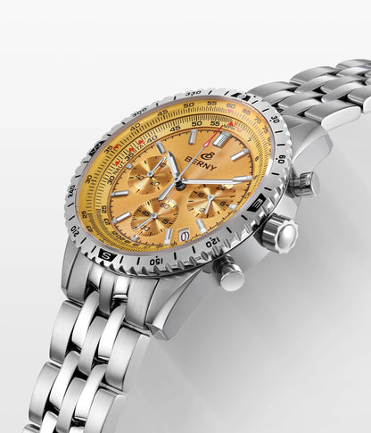 Relógio de homem BERNY Aviation – Cronógrafo de quartzo com data, vidro de safira e revestimento ultraluminescente – Relógio elegante de marca de luxo