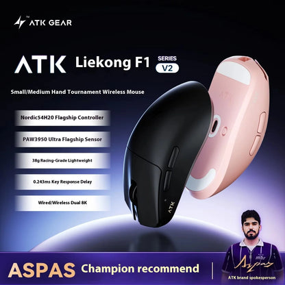 Ratón gaming inalámbrico trimodo ATK F1 V2 Ultra MAX PAW3950, doble 8K, ligero y ergonómico, ratón esports, accesorio personalizado para PC
