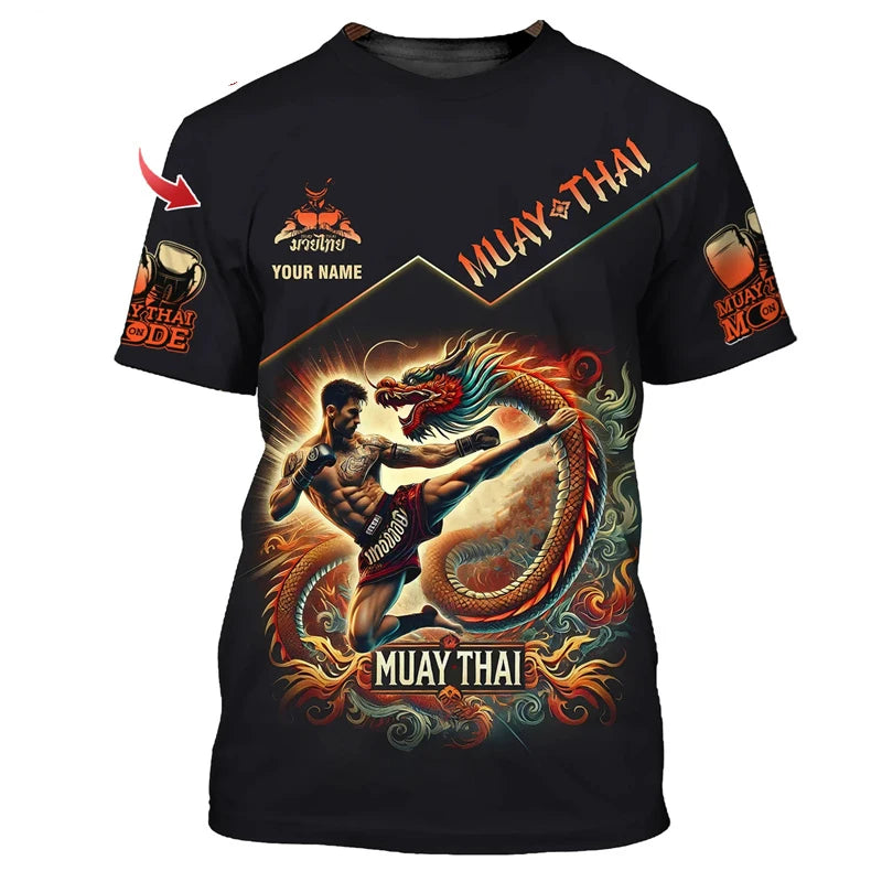 Fajna nowa koszulka z nadrukiem graficznym Muay Thai dla mężczyzn – nadruk 3D z motywem tygrysa i smoka, spersonalizowana z imieniem, letnia koszulka na siłownię i do fitnessu