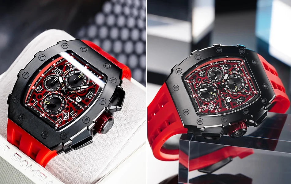 Reloj TSAR BOMBA para hombre, marca de lujo, diseño tonneau, impermeable, de acero inoxidable, reloj de pulsera de moda rectangular para hombre