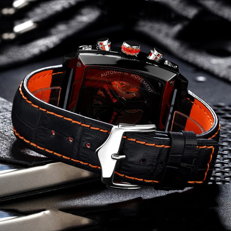 Original Brand Watches For Men Luxury Design Square Mechanical Watch Men Leather Strap Waterproof Date Week Wristwatches Male