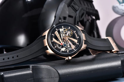 Pánske hodinky PAGANI DESIGN – Luxusný mechanický model s automatickým náťahom, typu „skelet“ (s otvoreným srdcom), vybavený tourbillonom, so zafírovým sklom s antireflexnou úpravou, vodotesné a luminiscenčné.