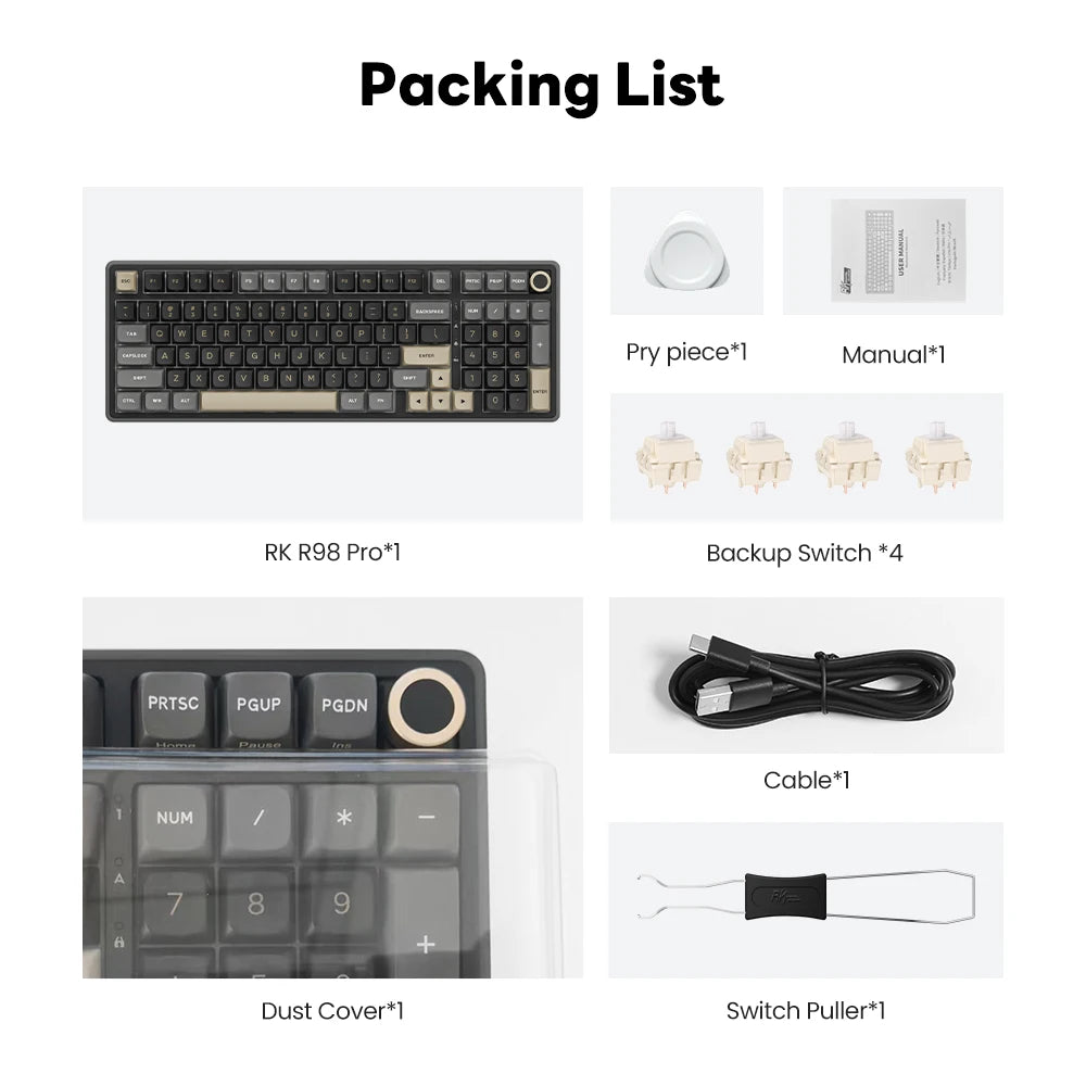Tastiera meccanica cablata RK ROYAL KLUDGE R98Pro Gasket, 98 tasti, RGB, hot-swappable, pulsante pluggable, tastiera gamer con keycap PBT